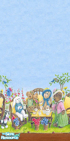 Sims 2 — Boyds Bears Dining Wallpaper by Lorah — Boyd's stuffed animals outdoor dining wallpaper. Wallpaper has pink,