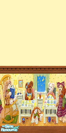 Sims 2 — Boyds Bear Bedtime Wallpaper by Lorah — Boyd's bears at bedtime wallpaper with chair rail and yellow paint.