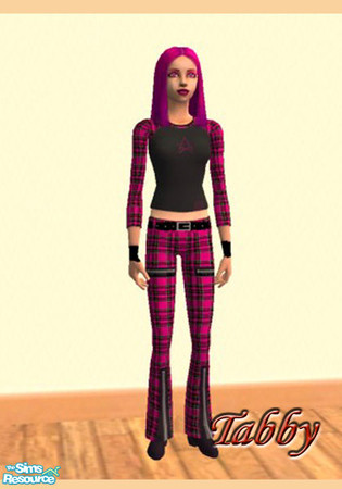 Sims 2 — Tabby's Black and Pink Tartan Top by Tabby_Cool — This black top with tartan sleeves looks realy striking with