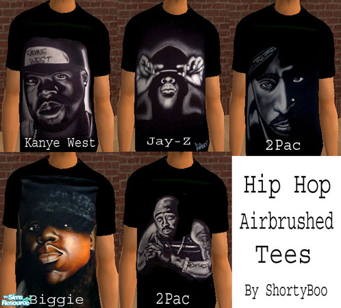 Sims 2 — Hip Hop Airbrushed Tees Set 1 by ShortyBoo — Set includes 5 airbrushed tees for men. This set has Kanye West,