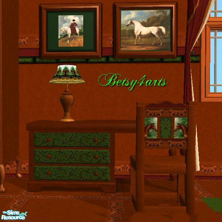 Sims 2 — Horse Lovers Desk by Betsy4arts — This desk has a rich wood and the drawers are painted in a matching design to