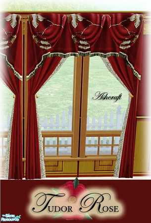 Sims 2 — Tudor Rose Curtain by Cashcraft — The Tudor Rose Bedroom curtain--rich, rose-red curtain with lace trim and a