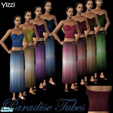 Sims 2 — Paradise Tubes by Yizzi — 8 gathered tube tops in plain colors. 