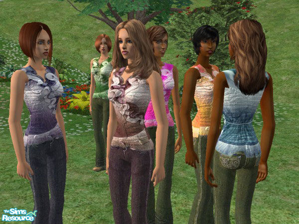 Sims 2 — Keri\'s Ruffle Collection by Keri — A set of colorful ruffled tops and jeans. I had lots of fun making this one,