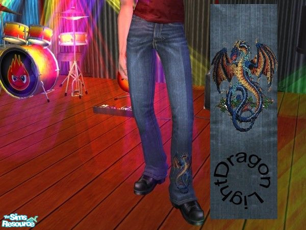 Sims 2 — Men\'s Fashion Leg Untucked Jeans - Dragon Light by Aloha Kay — Light wash jeans with dragon designe on the leg.