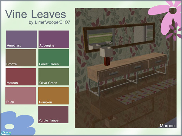 Sims 2 — Vine Leaves by Limefwooper — These striking walls are sure to brighten up any home. Available in 9 colours.