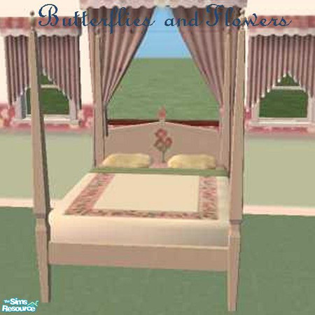 Sims 2 — Butterflies and Flowers - Dbl Bed by Yizzi — White wood with a flower