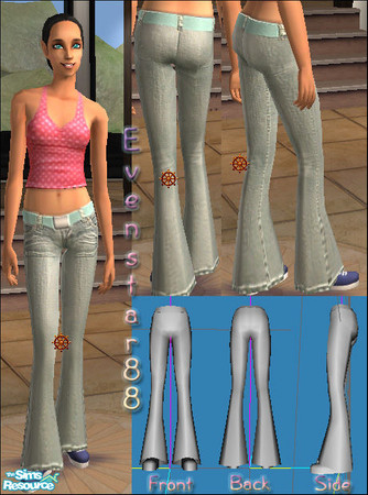 Sims 2 — Low-Rise Flared Jeans **MESH FILE** by evenstar88 — This mesh is a modification from Maxis' short trousers. It