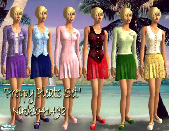 Sims 2 — Preppy Pleats Set by Nikki041498 — Six colorful pleated skirt designs for any college activity. Jewelry and