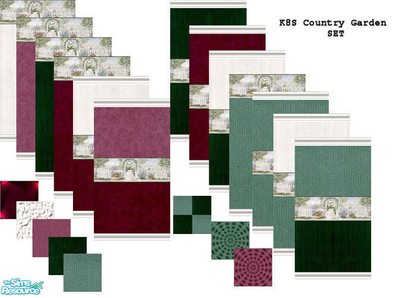 Sims 2 — K8SCountryGardenSet by Kate139 — A set of 13 Walls & 8 Floors. Rich Reds & Vibrant Greens provide