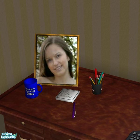 Sims 2 — Picture and Coffee Mug by Dr Pixel — Framed picture, a cup of pens and pencils, notepad, and a coffee mug that