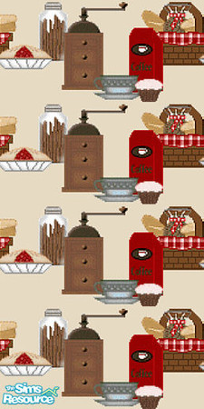 Sims 2 — Recipes Wallpaper by Lorah — For the country kitchen. Coffee, cupcake, bread ect. in red, tan, blue and brown.