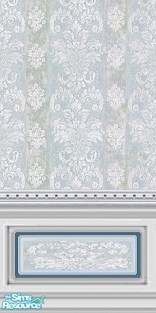 Sims 2 — Sea Side 6 by Lorah — Upper wall is an elegant wallpaper of flowers and leaves done in grey, blue and cream.