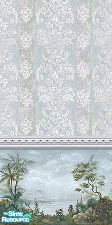 Sims 2 — Sea Side by Lorah — Lower section of wall a sea side scene with upper wall in greys, blues and cream.
