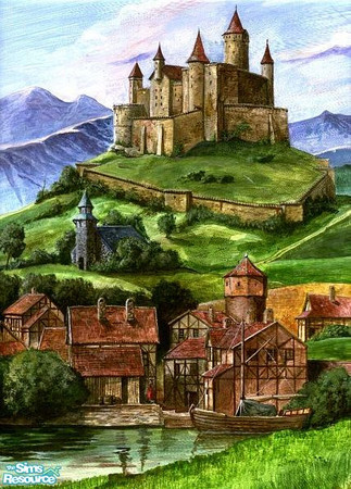 Sims 2 — Dark Design's Castle by Dark_Design — A village, a church and a castle - what more could a lord want! Part of