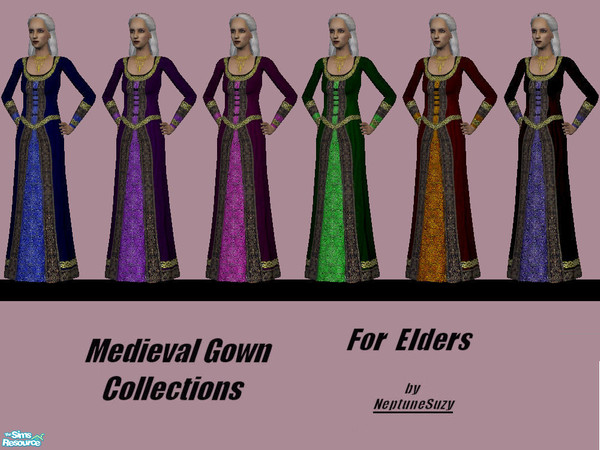 Sims 2 — NSC Medieval Gowns for Elders Set1 by Neptunesuzy — For Elders: A collection of rich medieval gowns adorned with