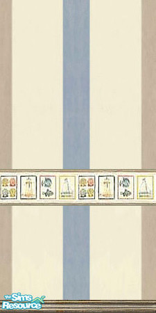 Sims 2 — Sailing by Lorah — Blue, cream and brown striped wallpaper with a sea shells, sailboat, lighthouse and fish