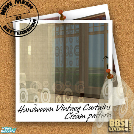 Sims 2 — Handwoven Vintage Curtains set, Cream pa by BetterbeSim — Cream sheer handwoven curtains with seventies print.
