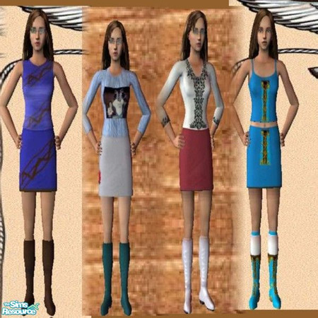 Sims 2 — shirts and skirts set by ead425 — contains set of four, red skirt,white bloud; bright blue;gray skirt with rose;