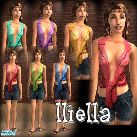 Sims 2 — Tie-front shirt with denim set by lliella — This set contains 4 daring tie-front shirt (braless) with denim