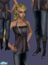 Sims 2 — Halter Top with Folded Jeans by ChazDesigns — Purple halter top with dark folded jeans, and boots.