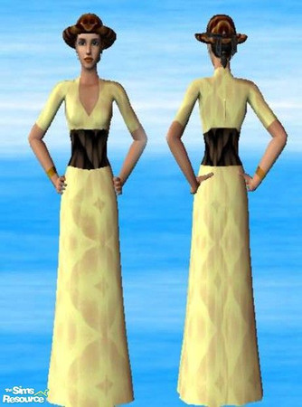 Sims 2 — yellow and brown by ead425 — yellow and black lace dress with fancy brown swirl hat