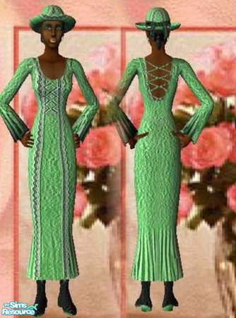 Sims 2 — antique green by ead425 — old fashioned dress with hat to match