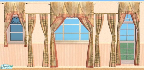 Sims 2 — Piej Panache Tieback Curtains by oldmember_Piej — Pretty Panache pattern flounced curtains with wine fringe.