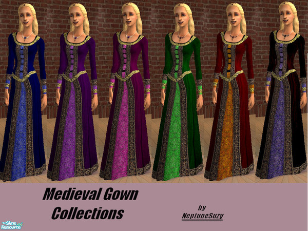 Sims 2 — NSC Medieval Clothes Set1 by Neptunesuzy — A collection of rich medieval gowns adorned with jeweled necklaces.