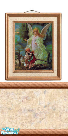 Sims 2 — Picture 17 by Lorah — Guardian angel and two children on a white wall with chair rail, a cream, beige, blue and