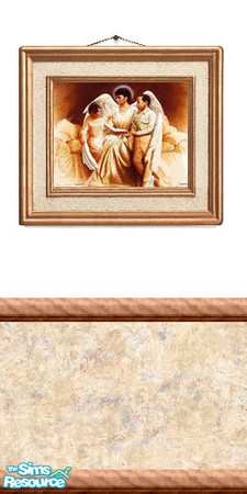 Sims 2 — Picture 14 by Lorah — Guardian angel and two children picture on a white wall with chair rail, a cream, beige,