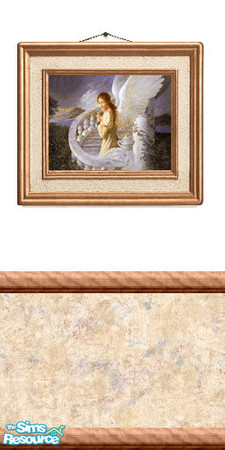 Sims 2 — Picture 13 by Lorah — Angel on the stairway to heaven on a white wall with chair rail, a cream, beige, blue and