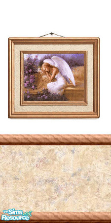 Sims 2 — Picture 12 by Lorah — Angel and purple flowers on a white wall with chair rail, a cream, beige, blue and