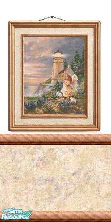 Sims 2 — Picture 10 by Lorah — A little girl angel, rabbits, lighthouse background picture on a white wall with chair