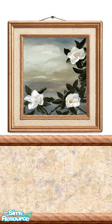 Sims 2 — Picture 8 by Lorah — Flowers (apple blossoms?) picture on a white wall with chair rail, a cream, beige, blue and