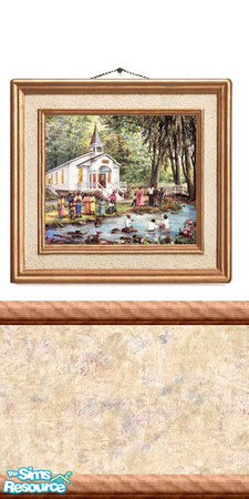 Sims 2 — Picture 3 by Lorah — A church with an outdoor baptism picture on a white wall with chair rail, a cream, beige,