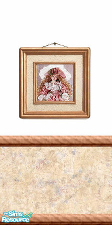 Sims 2 — Picture 2 by Lorah — Victorian girl in a raspberry outfit on a white wall with chair rail, a cream, beige, blue