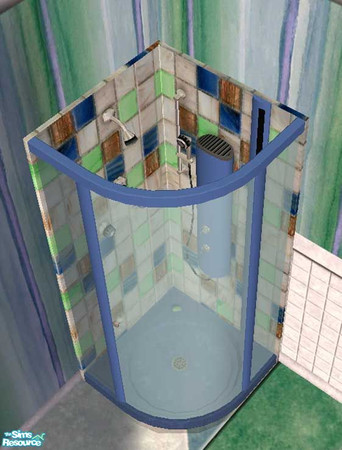 Sims 2 — Oceanic Shower (updated) by dancingaphrodite — Beautiful in white, blue, green and gold irridescent tile.