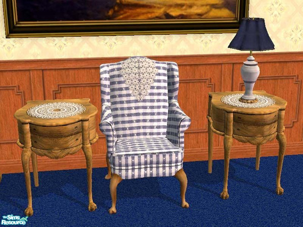 Sims 2 — Milady's Chair (updated) by dancingaphrodite — Blue and white stripes with doily will help make any place feel