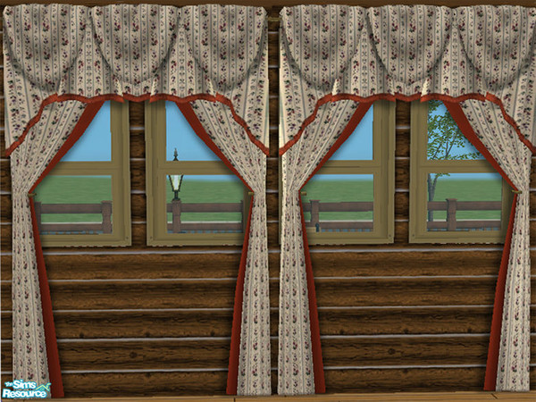 Sims 2 — Print Draperies with Burgandy Trim by dancingaphrodite — Part of the Log Cabin Collection. Silky print in colors