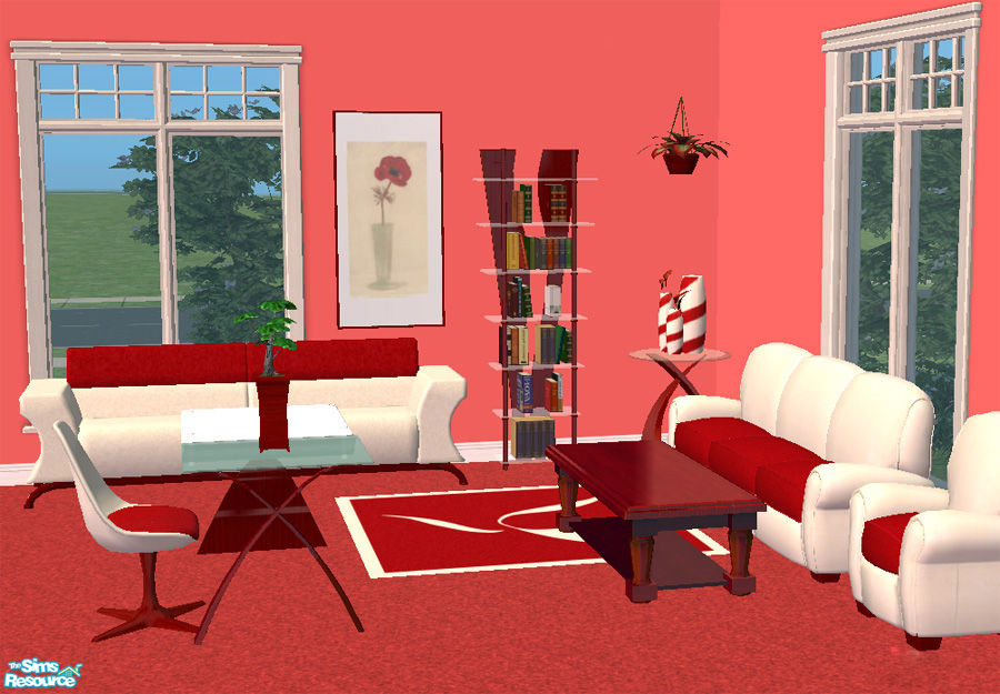 red living room sims 4