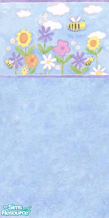 Sims 2 — Bee Happy Wallpaper by violetfairy2838 — Children's sky blue wall paper with border. Border has flowers and