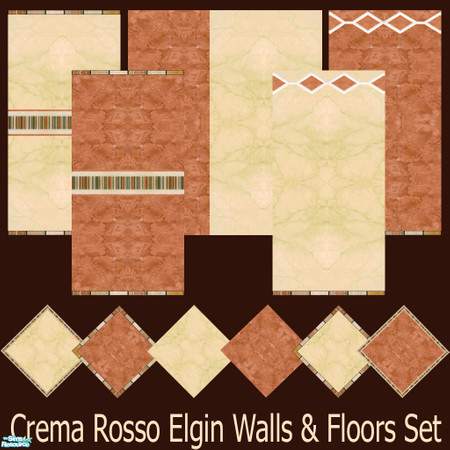 Sims 2 — Crema Rosso Elgin Walls & Floors Set by Sheera — This set includes 12 items : 6 walls and their 6 matching