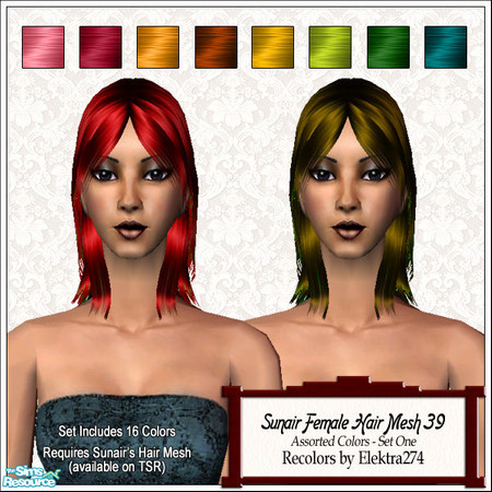 Sims 2 — Sunair Hair Mesh 39 - Assorted Colors Pt 1 by elektra274 — A collection of recolors of Sunair\'s hair mesh #39