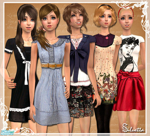 Sims 2 — WWT Retro: Vintage Inspired by Siluetta — 5 different vintage inspired outfits for teen girls.