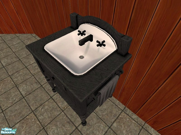 Sims 2 — Country Sink in Black by tamlfra — Black frame, white bowl, dark grey towel, with black and white handles. Has a