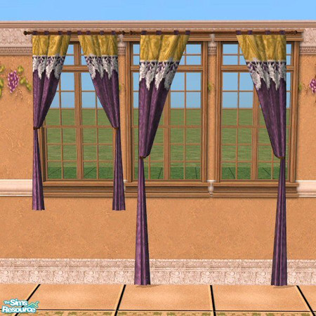 Sims 2 — Italian Kitchen Curtains by Nikki041498 — Deep purple brocade curtains with gold valance with white Venice lace