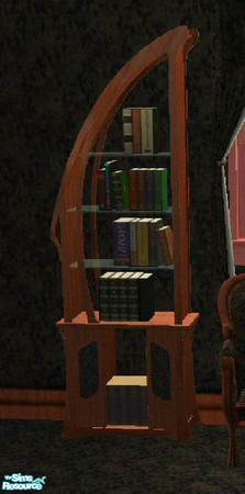Sims 2 — Cherry Wood Bookcase by SSilver — A cherry wood bookcase with black and gold toile fabric.