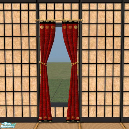 Sims 2 — Oriental Paradise Drapes by Nikki041498 — Deep red background with gold pattern. Black top and bottom hem