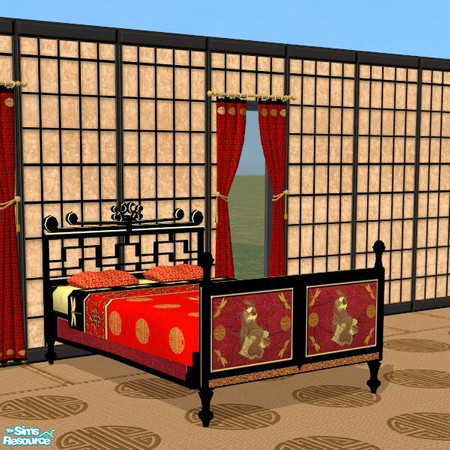 Sims 2 — Oriental Paradise Bed by Nikki041498 — Black Lacquer, gold, and deep red give this bed alot of impact. The